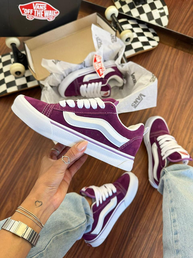 tenis feminino estiloso diferenciado ousado confortavel vans knu skool roxo streetwear skate 