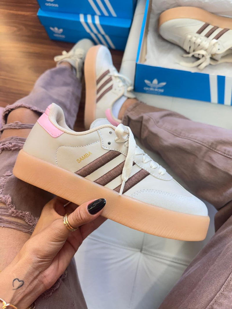 Tênis feminino confortável Adidas sambae tratorado marrom bege 