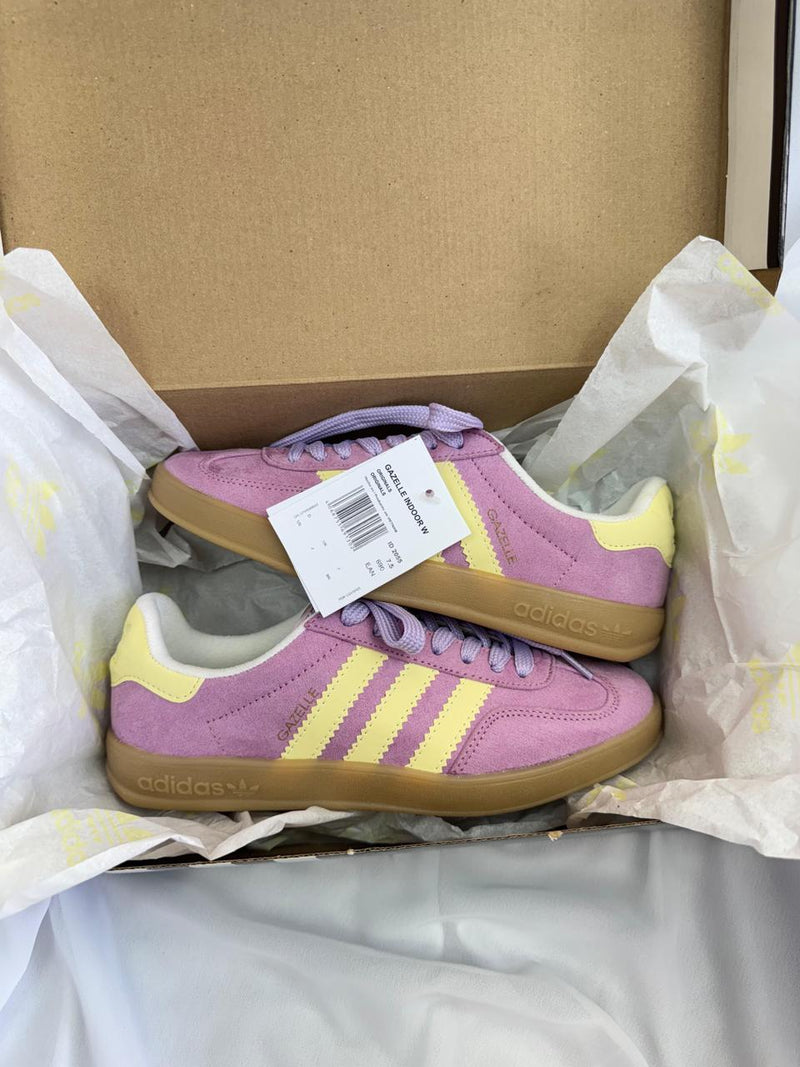 tenis feminino diferente estiloso adidas gazelle lilás e roxo em couro legitimo